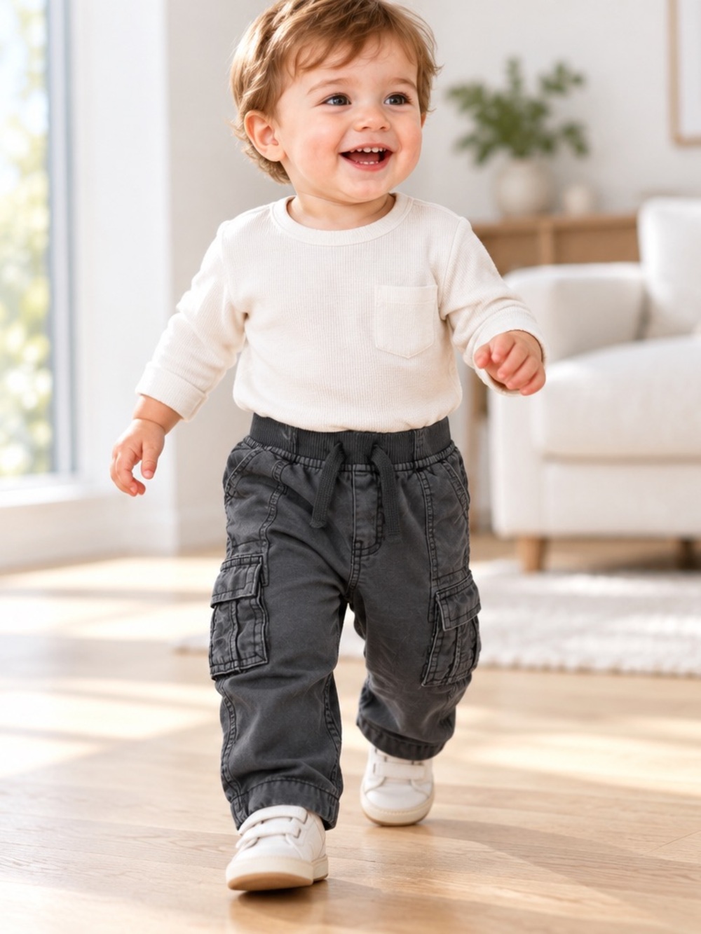 OshKosh B'gosh Boys Gray Cargo Pants 12M Elastic Waist Pockets Drawstring